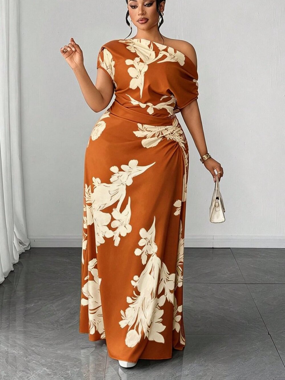 Women's Plus Size Floral Print Asymmetrical Shoulder Ruched Waist Dress - Picture 3 of 7